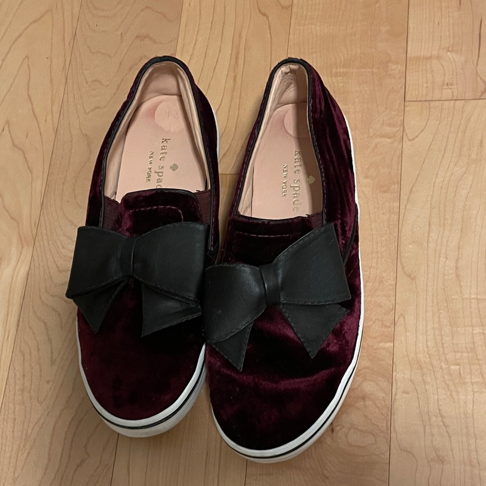 Kate Spade Velvet Slip-Ons with Black Bow